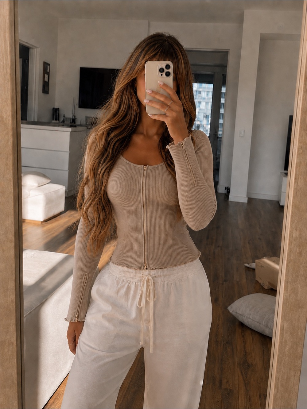 Zip-Front Ribbed Long Sleeve Top in Beige